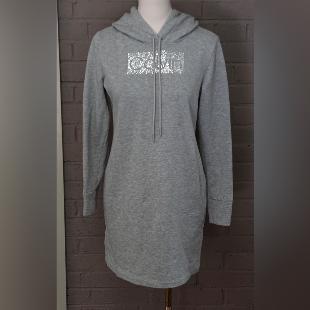 Calvin Klein  rhinestone logo gray sweatshirt hoodie dress S
